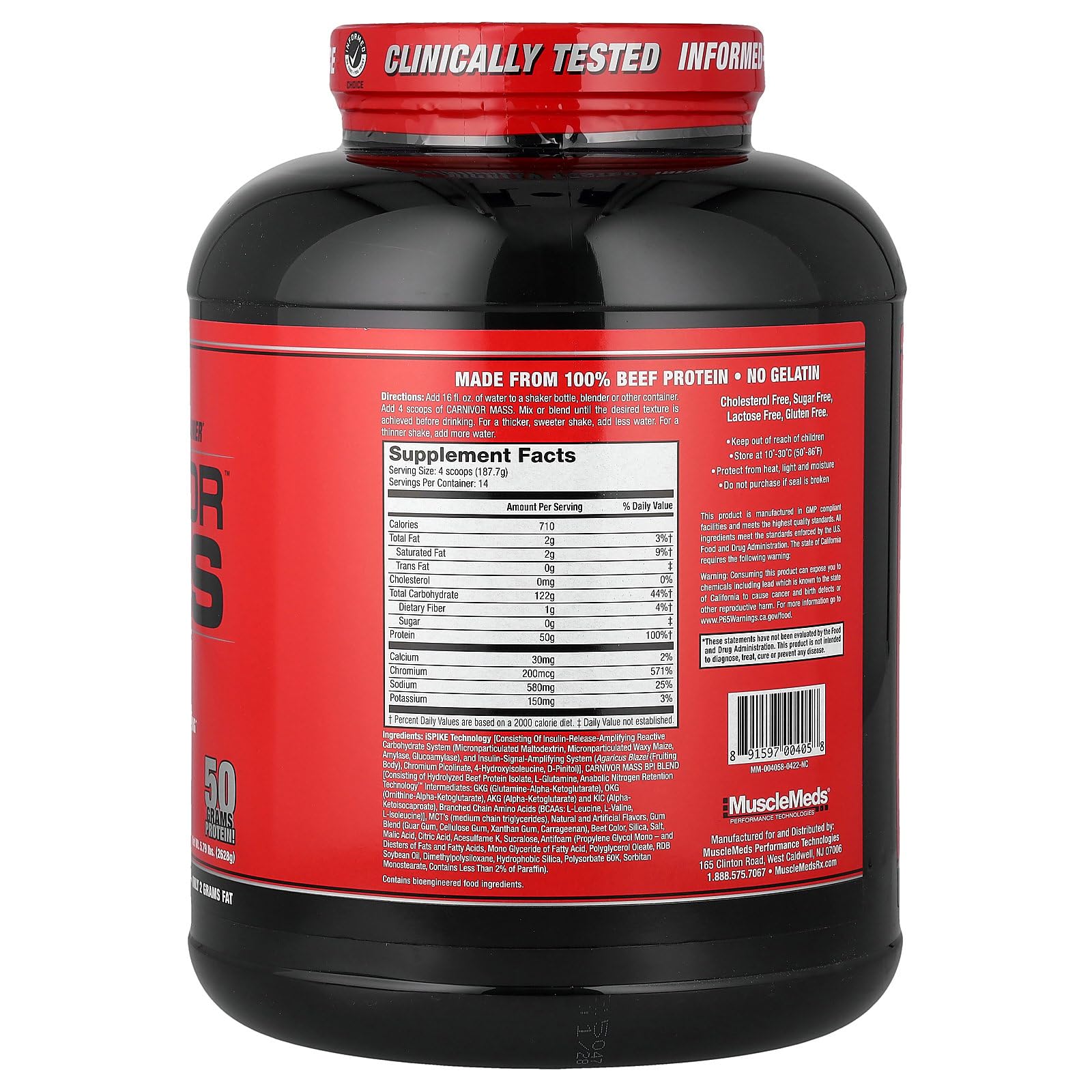 MuscleMeds Carnivor Mass strawberry shake in glass, ideal for post-workout refuel.