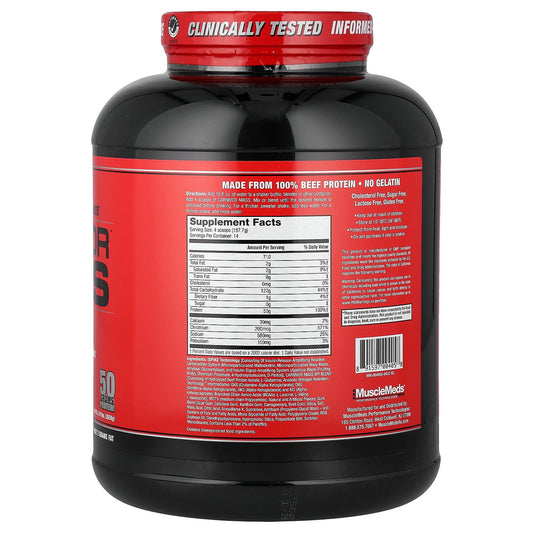 MuscleMeds Carnivor Mass strawberry shake in glass, ideal for post-workout refuel.