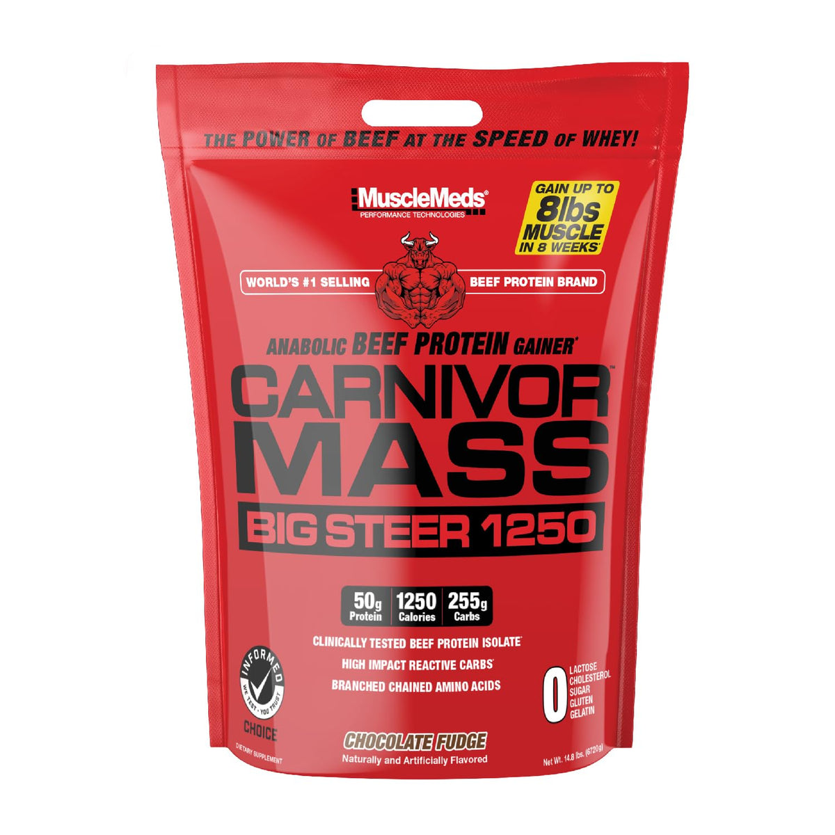 MuscleMeds Carnivor Mass tub front, a protein-packed mass gainer for serious training.