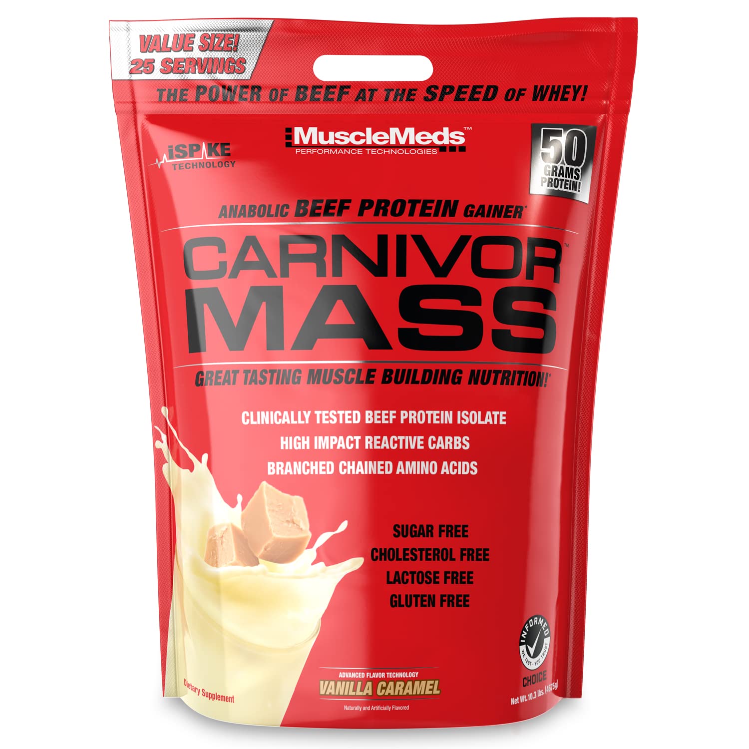 MuscleMeds Carnivor Mass vanilla caramel tub showing beef protein isolate for lean gains