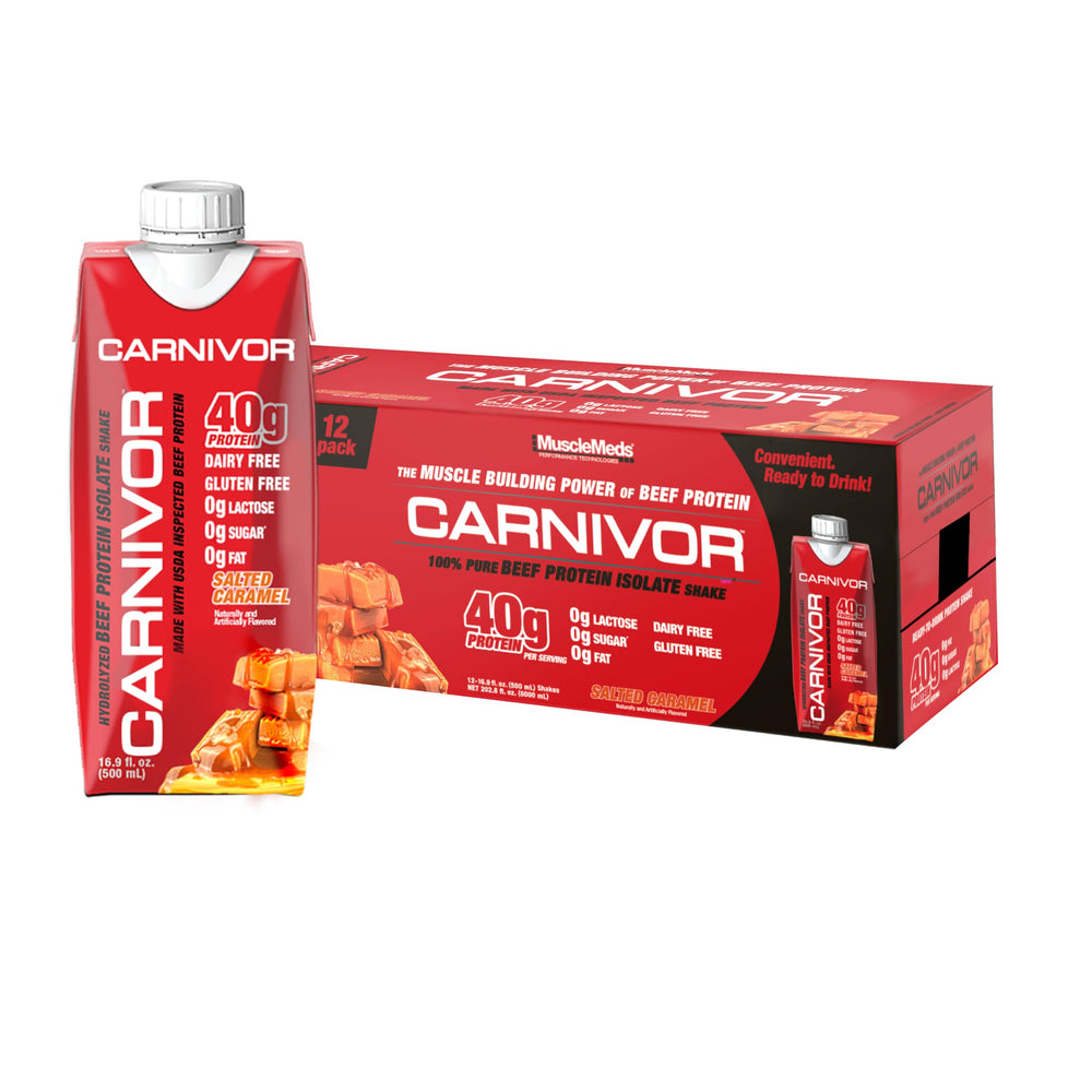 MuscleMeds Carnivor RTD bottle in salted caramel flavor for post-workout fueling.