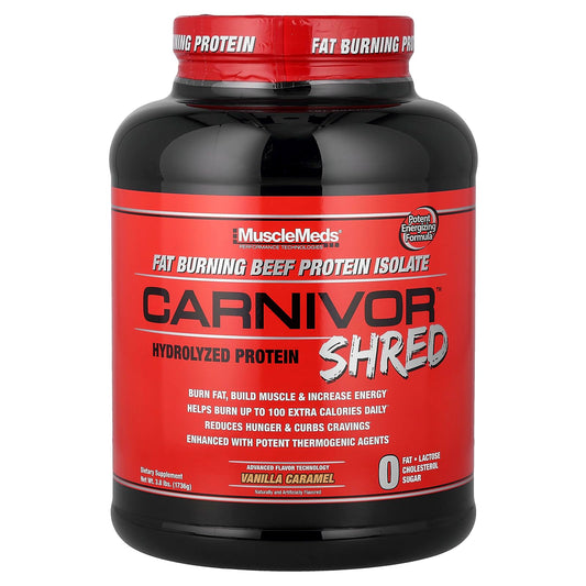 MuscleMeds Carnivor Shred bottle pouring — convenient fat-burning protein for workouts.