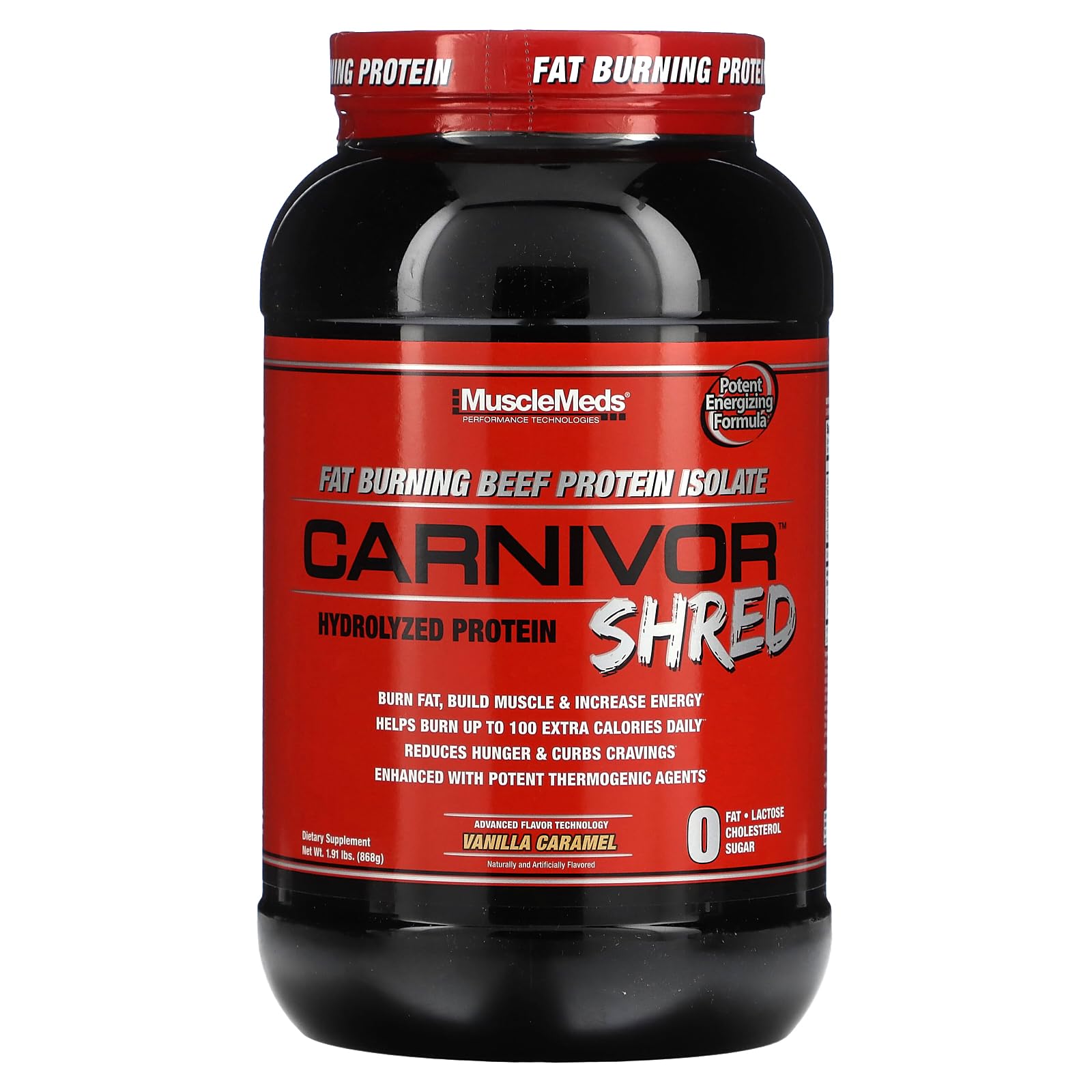 MuscleMeds Carnivor Shred shake being poured, lactose-free beef protein.