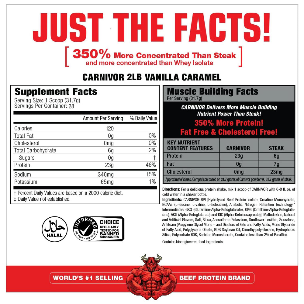 Vanilla caramel Carnivor powder with scoop for post-workout shakes.