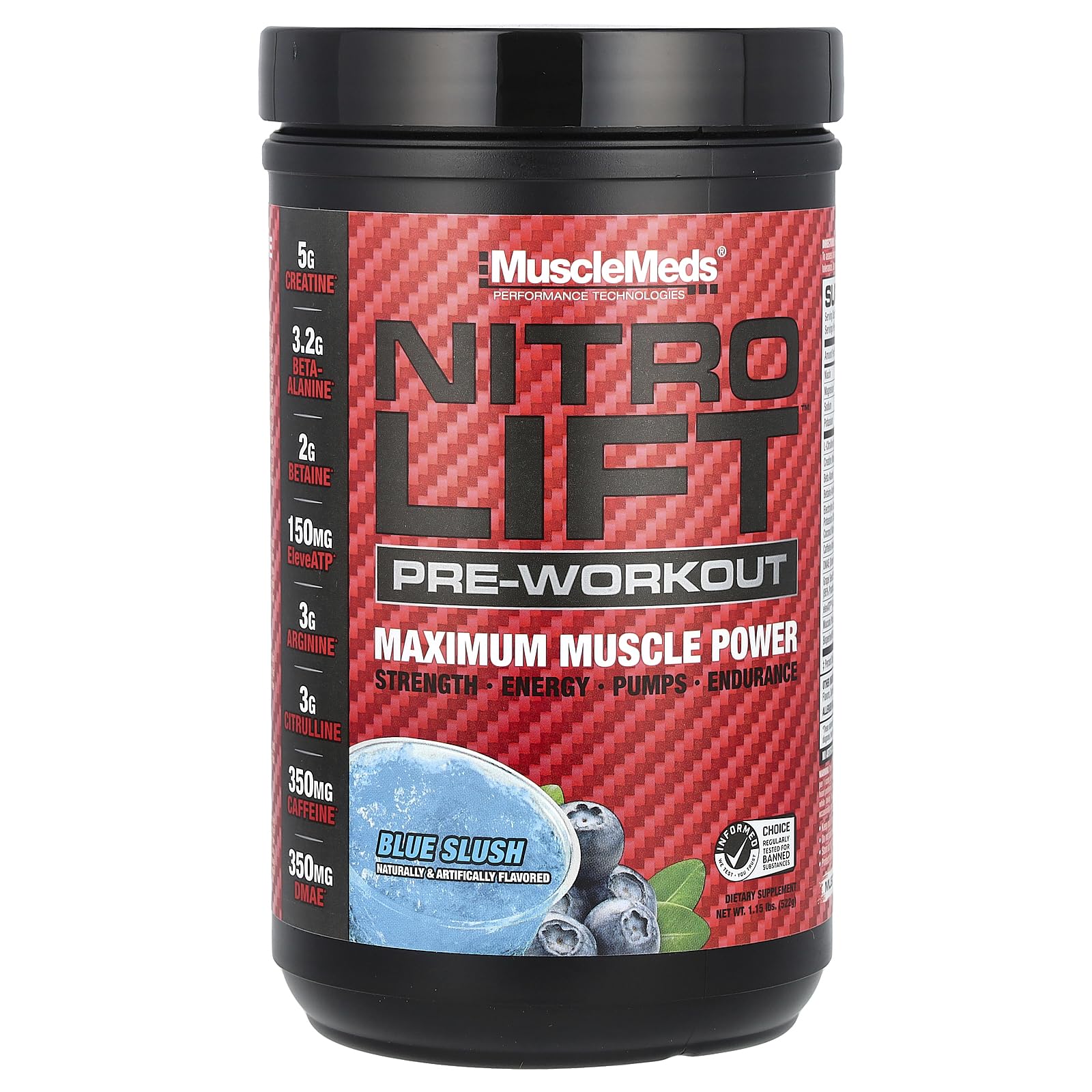 MuscleMeds Nitro Lift bottle front with energy-boosting pre-workout for intense training