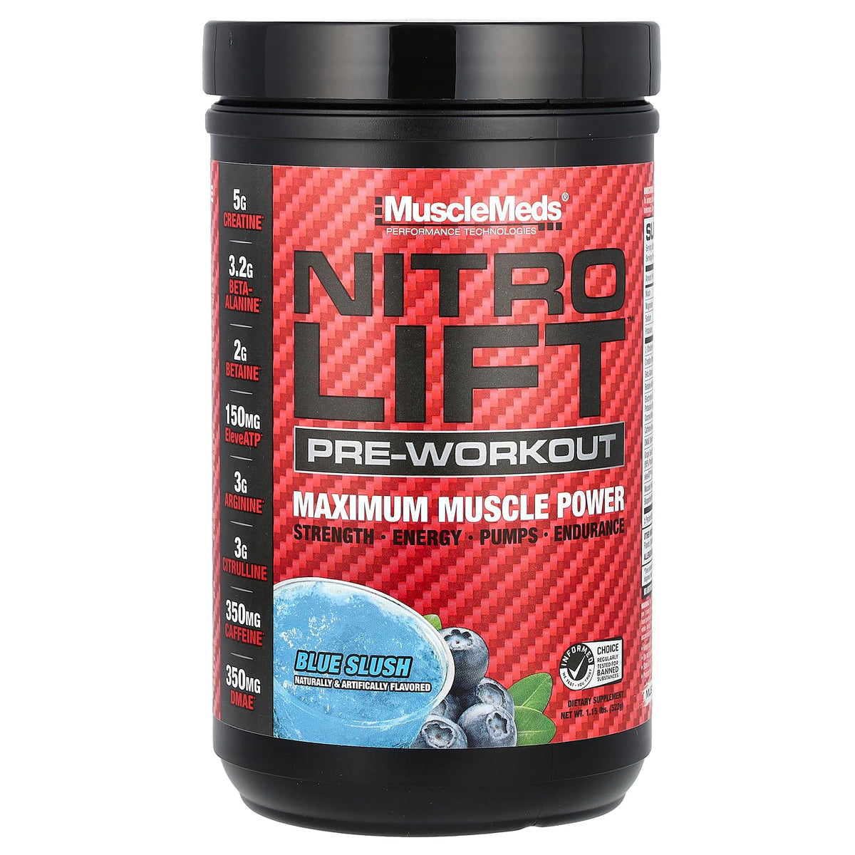MuscleMeds Nitro Lift bottle front with energy-boosting pre-workout for intense training
