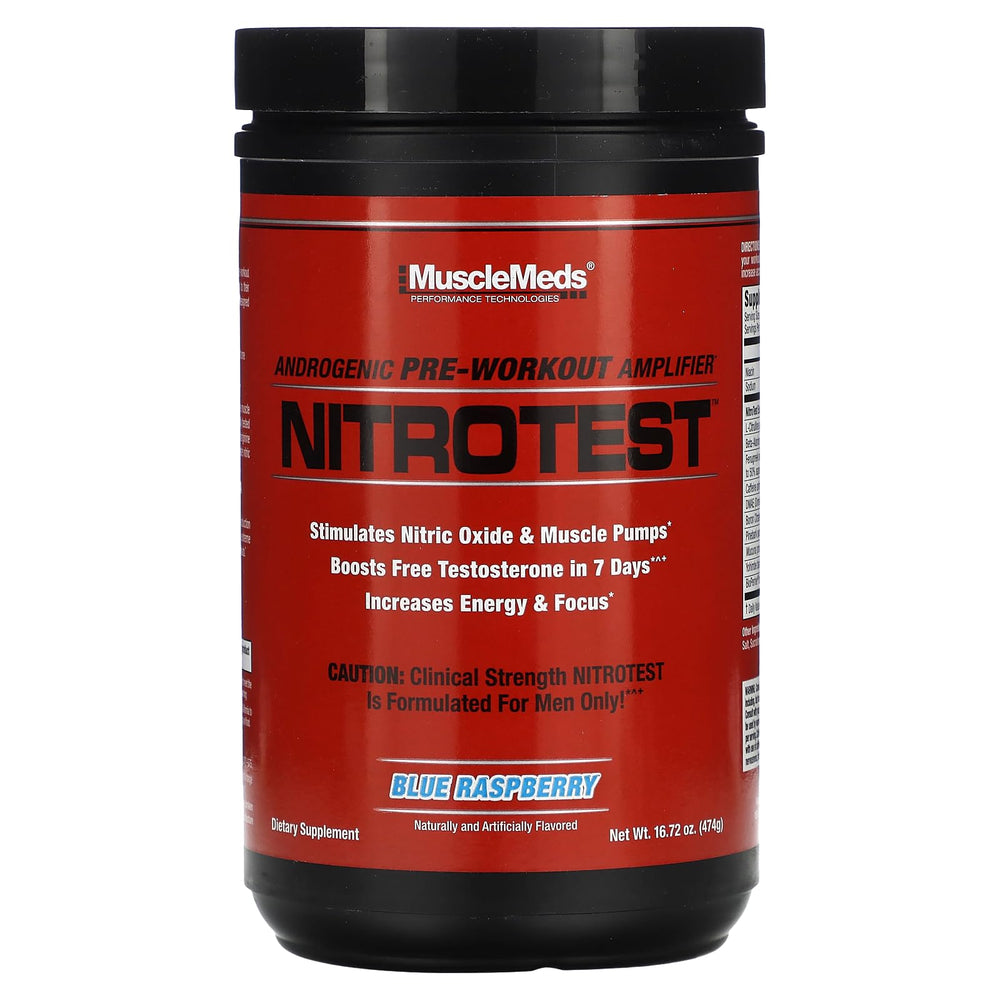 MuscleMeds Nitrotest bottle label shows testosterone support for workouts.