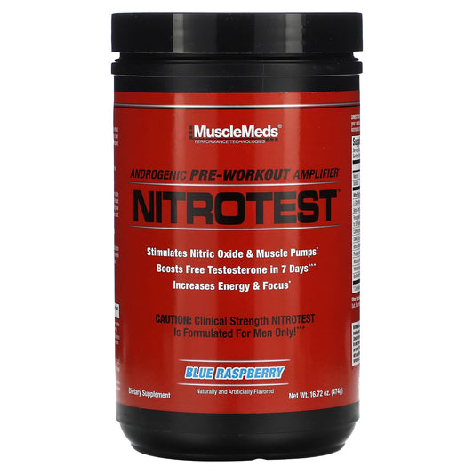MuscleMeds Nitrotest bottle label shows testosterone support for workouts.