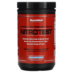 MuscleMeds Nitrotest bottle label shows testosterone support for workouts.