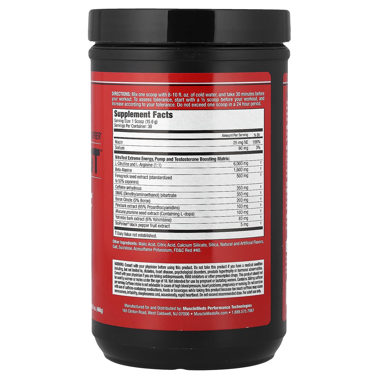 MuscleMeds Nitrotest powder packaging indicating energy focus and endurance during training