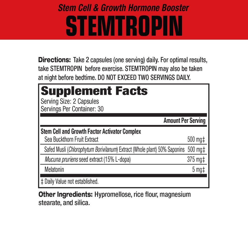 MuscleMeds STEMTROPIN capsules closeup highlighting convenient daily use for training.