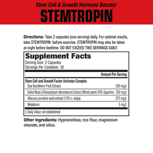 MuscleMeds STEMTROPIN capsules closeup highlighting convenient daily use for training.