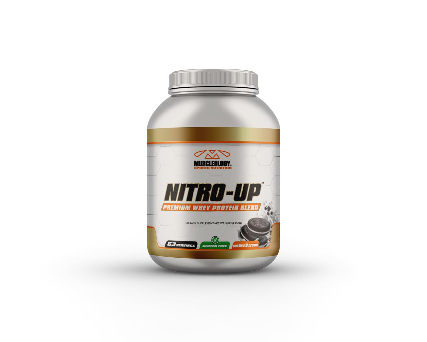 Muscleology Nitro-Up bottle and label showcasing premium protein for workouts