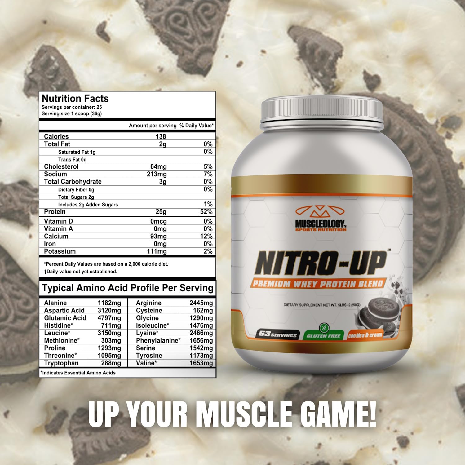 Muscleology Nitro-Up nutrition facts panel with protein per serving
