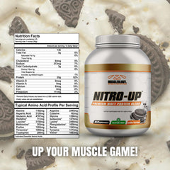 Muscleology Nitro-Up nutrition facts panel with protein per serving