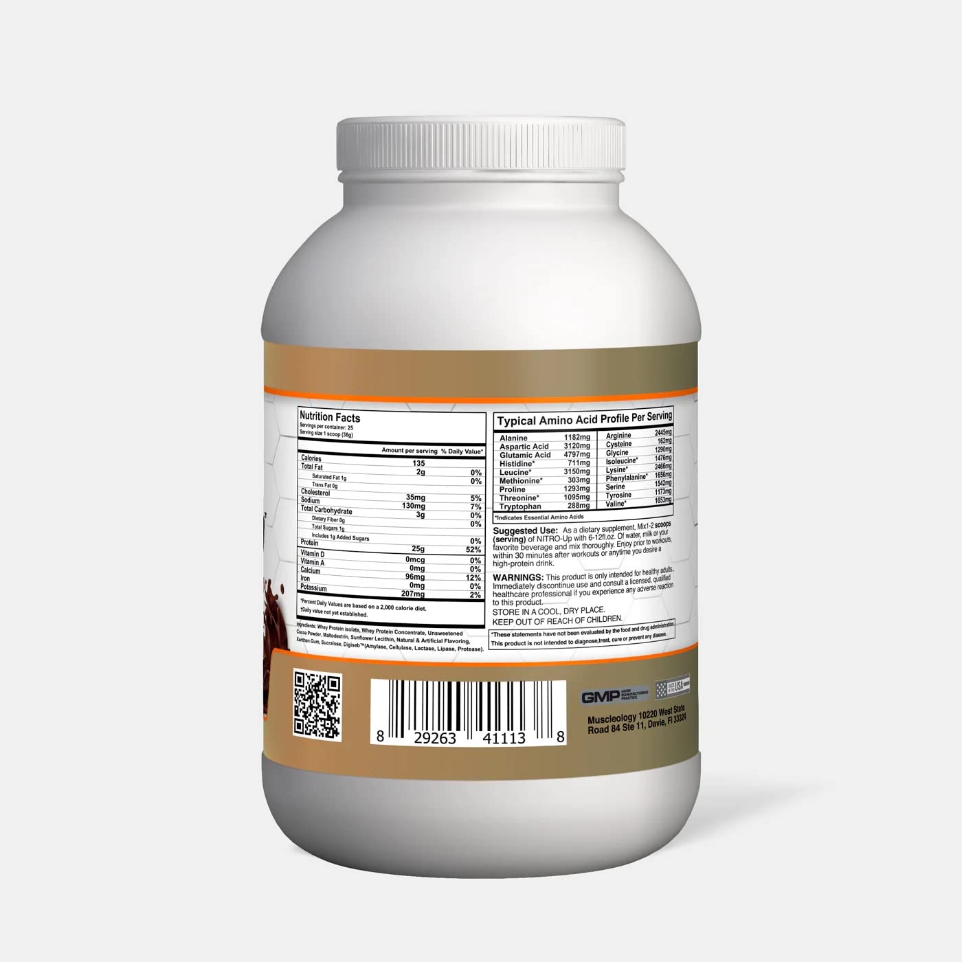 Muscleology Nitro-Up scoop in shaker conveys fast-melt powder for post-workout recovery.