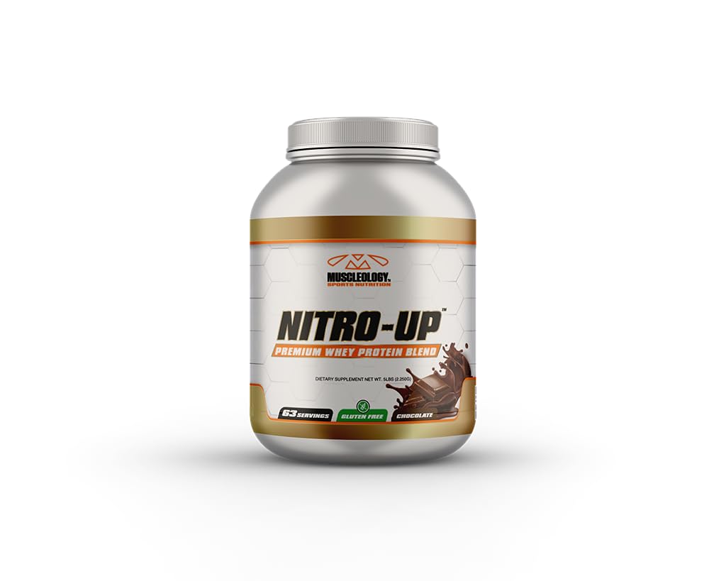 Muscleology Nitro-Up tub front shows hydrolyzed whey for lean muscle support.