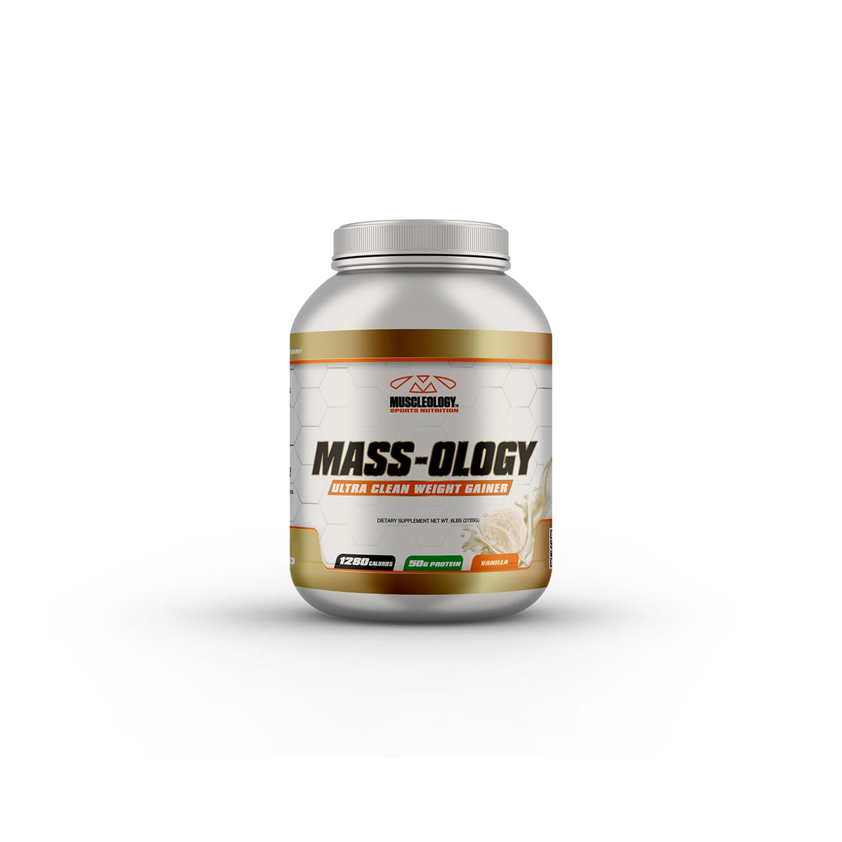MUSCLEOLOGY Weight Gainer bottle shows premium protein blend for muscle support