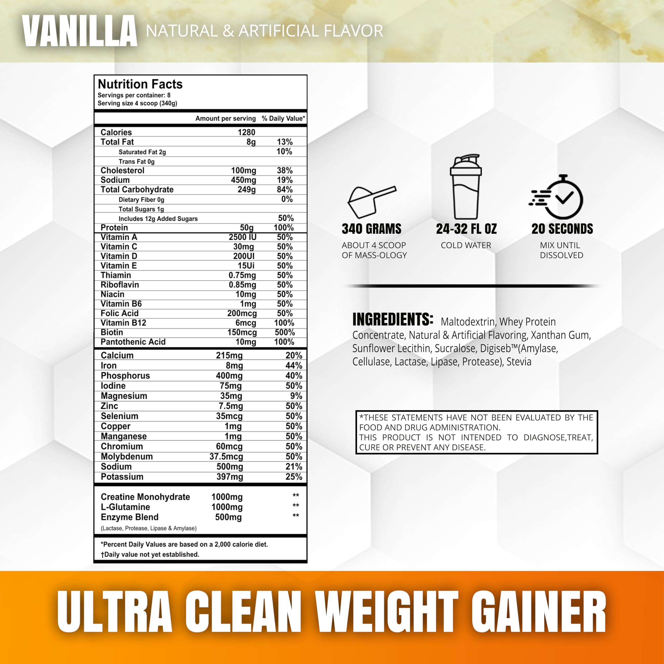 MUSCLEOLOGY Weight Gainer carb blend shows energy supporting carbs