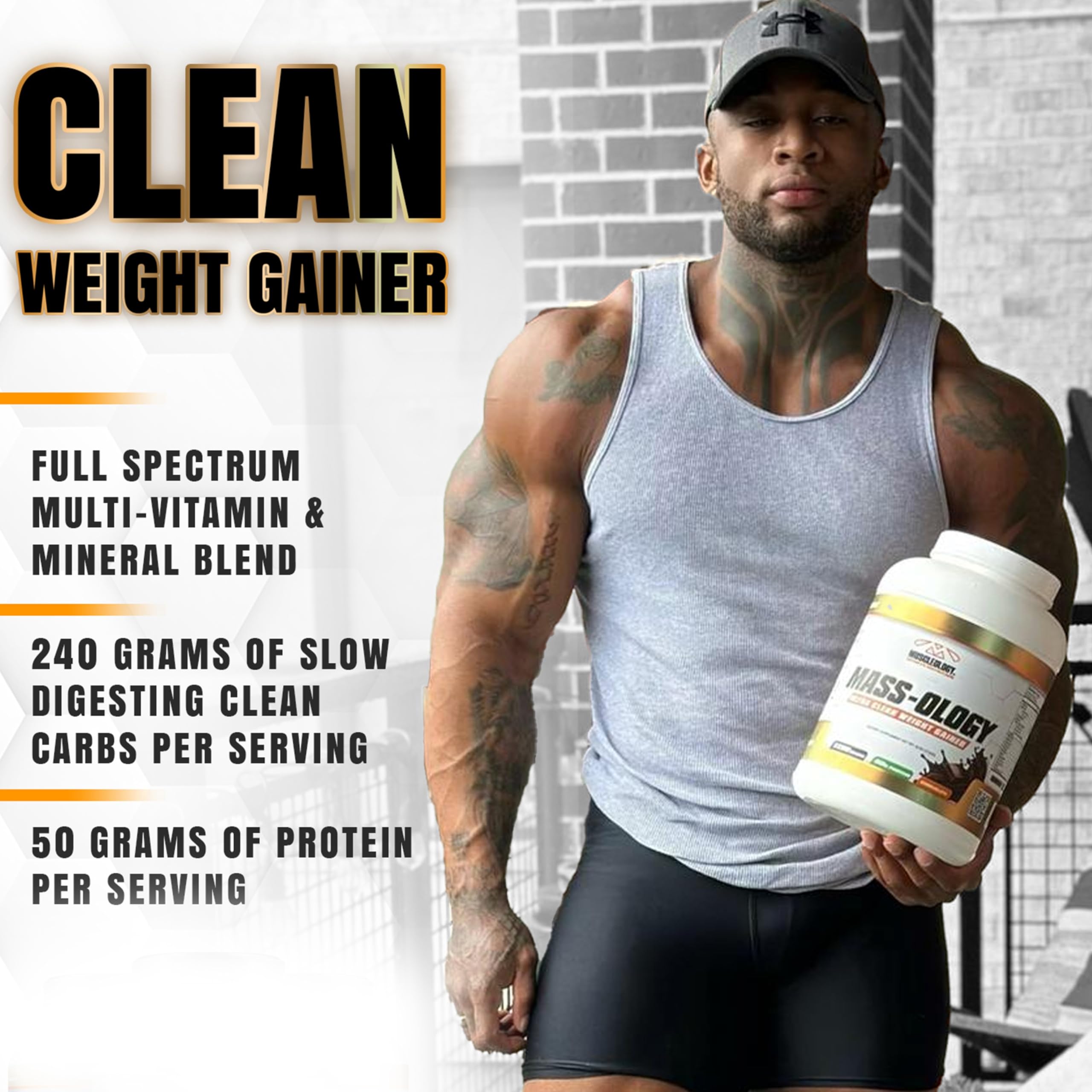 MUSCLEOLOGY Weight Gainer bottle on kitchen counter for daily use