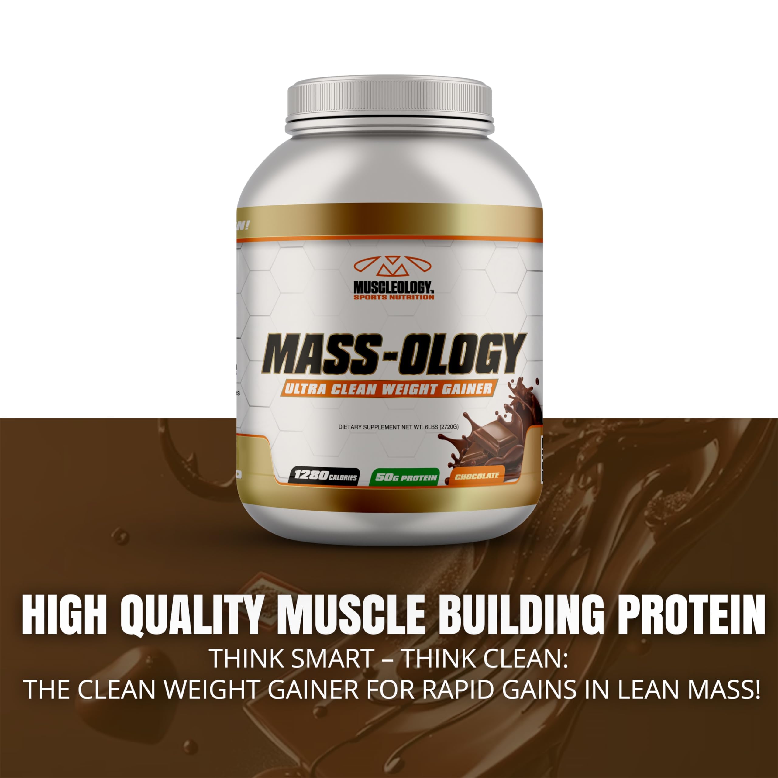 MUSCLEOLOGY Weight Gainer measuring scoop beside bottle for easy use