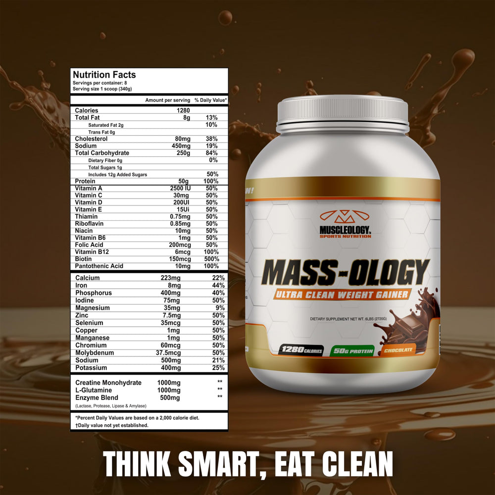 MUSCLEOLOGY Weight Gainer mixed shake in glass for convenient fueling