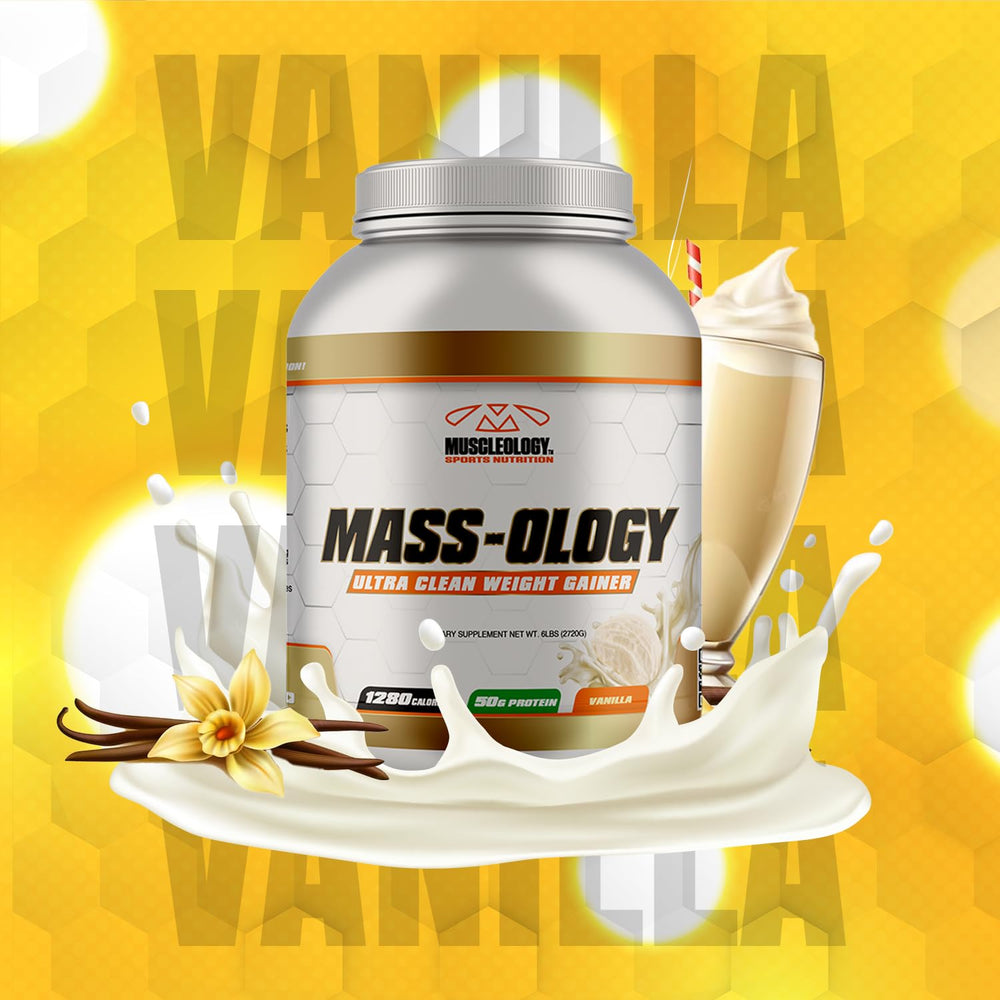 MUSCLEOLOGY Weight Gainer flavor vanilla closeup invites smooth shake