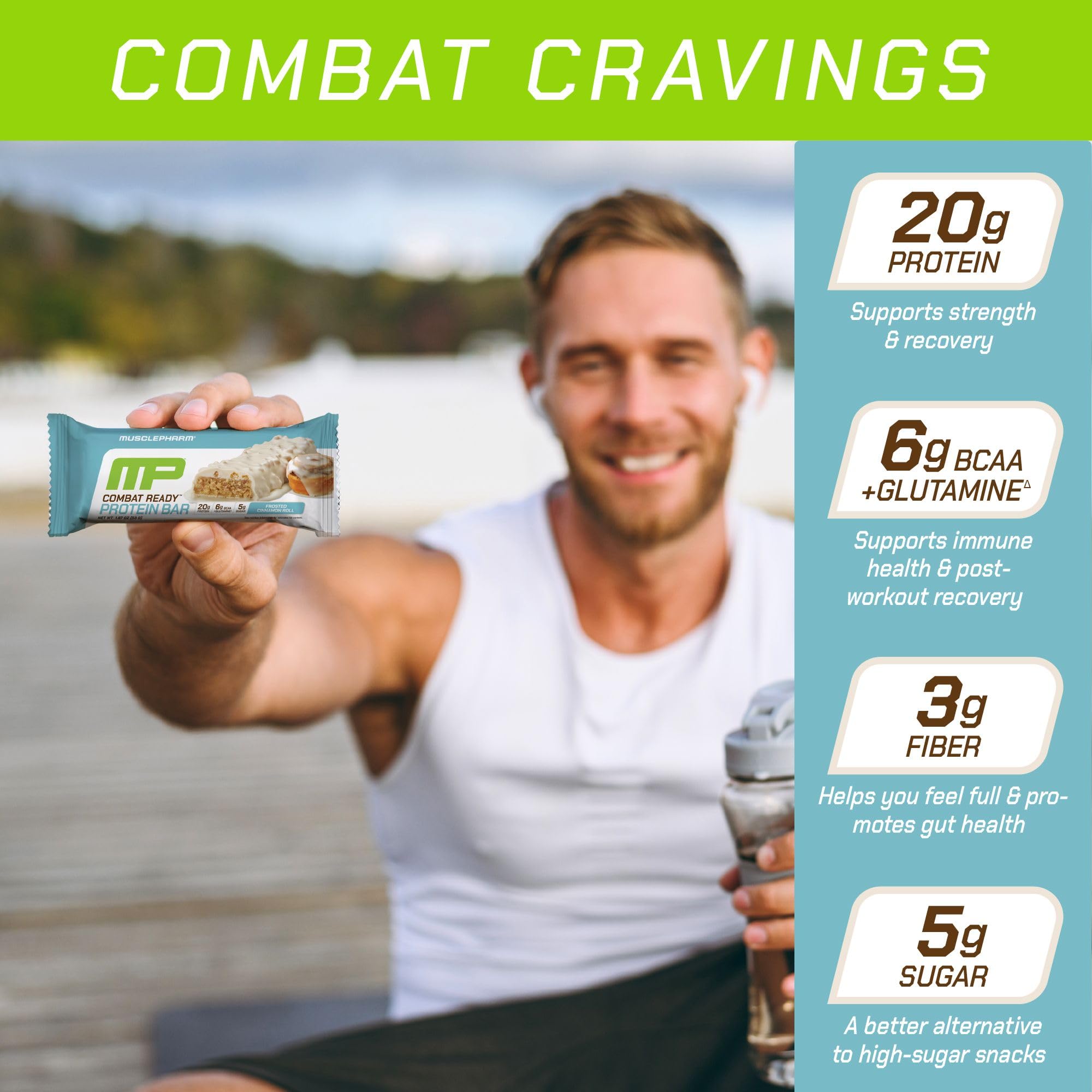 MusclePharm Cinnamon Roll bar highlights 20g protein per serving for recovery support.