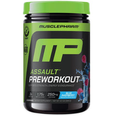MusclePharm Assault blue raspberry bottle boosts workout energy potential