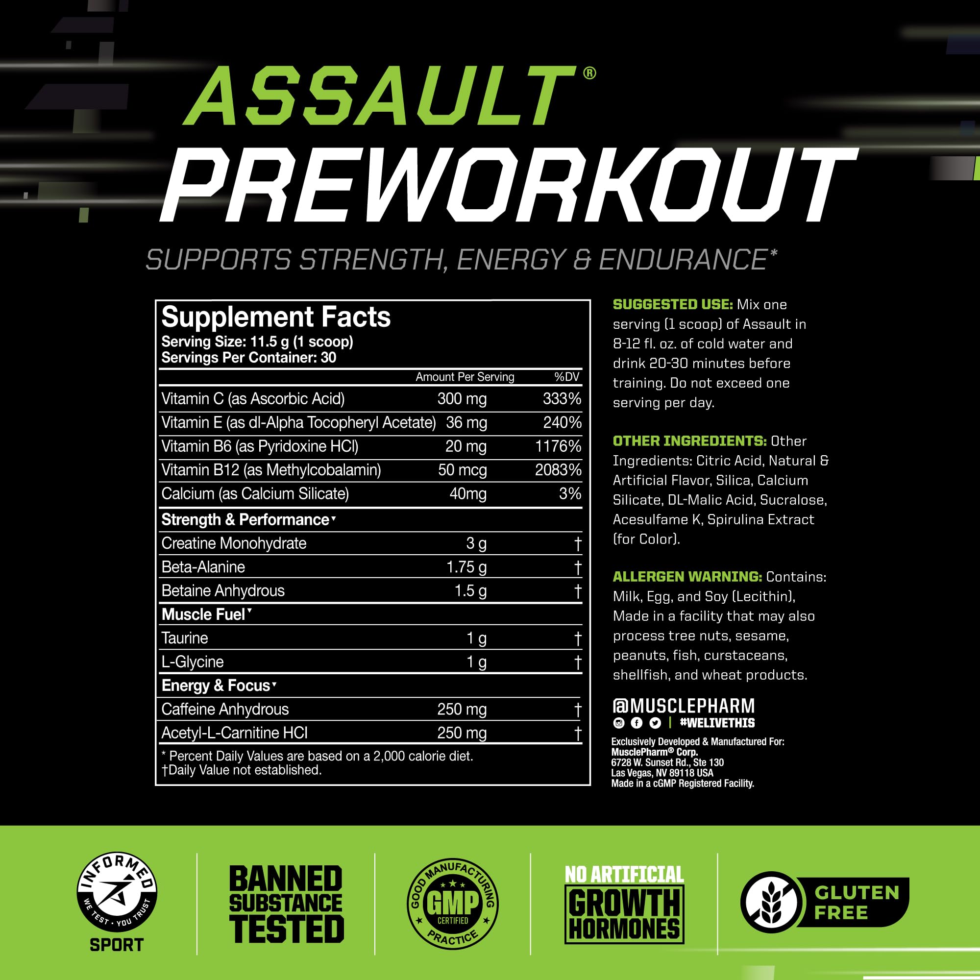 MusclePharm Assault blue raspberry powder poured into glass