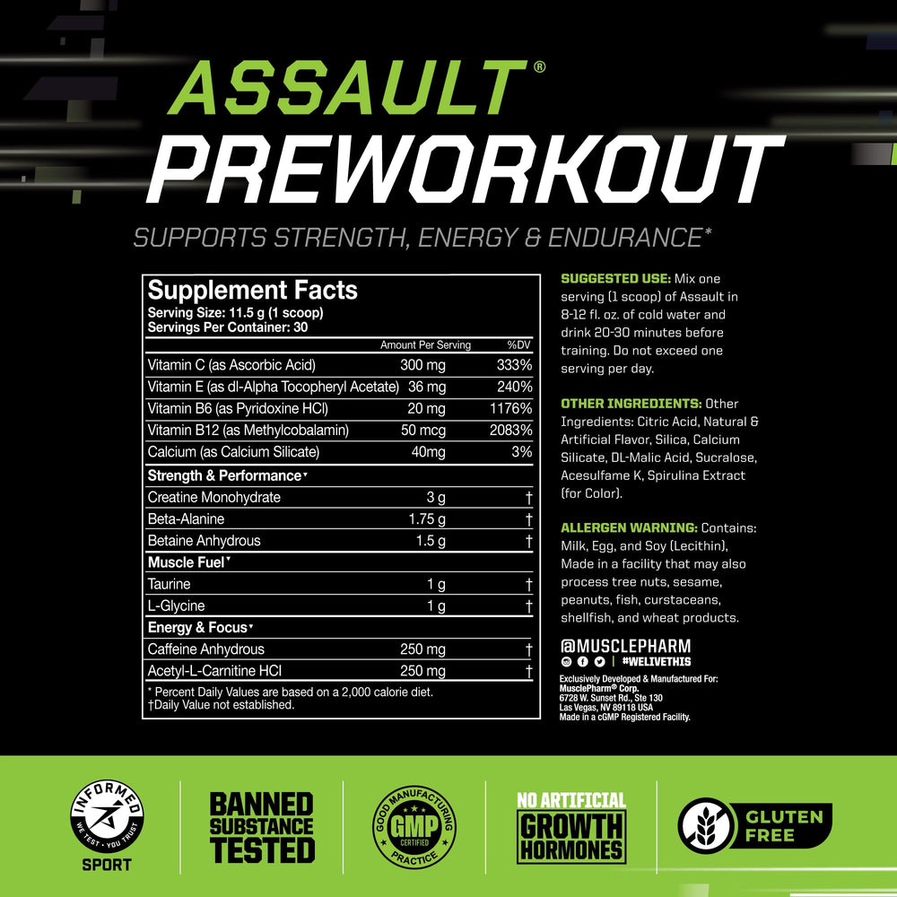 MusclePharm Assault blue raspberry powder poured into glass