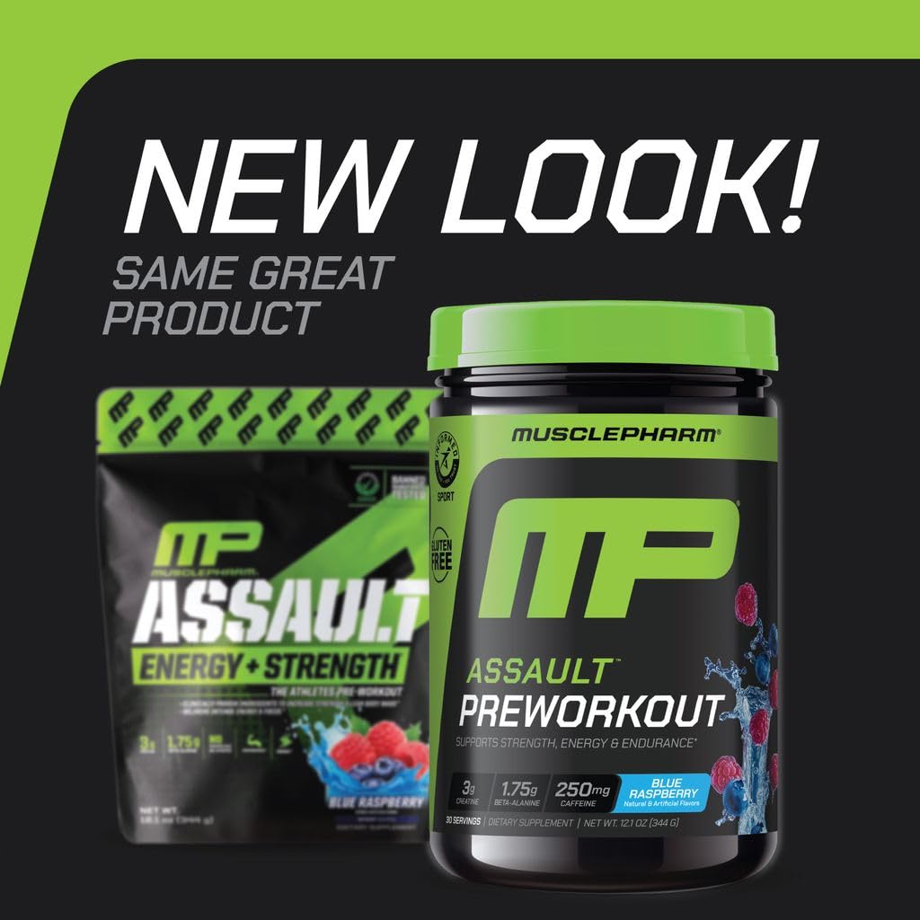 MusclePharm Assault blue raspberry scoop for easy pre-workout mixing