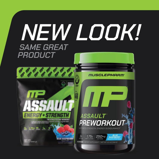 MusclePharm Assault blue raspberry scoop for easy pre-workout mixing