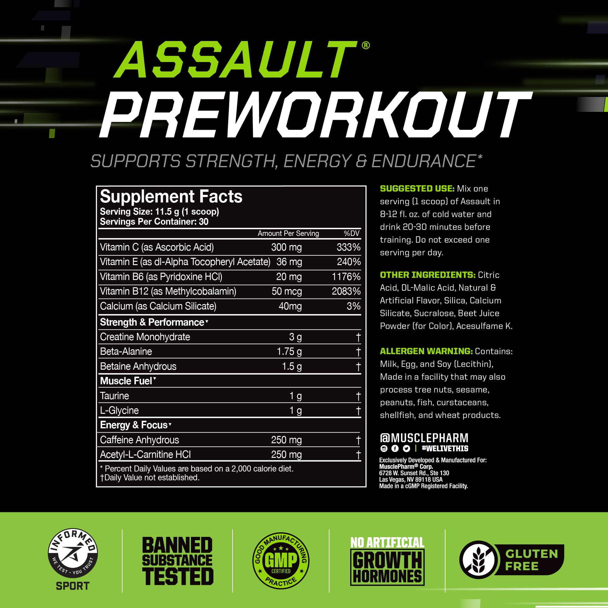MusclePharm Assault ingredients panel shows caffeine and beta-alanine.