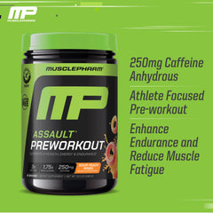 MusclePharm Assault label closeup highlights key energy ingredients for workouts.