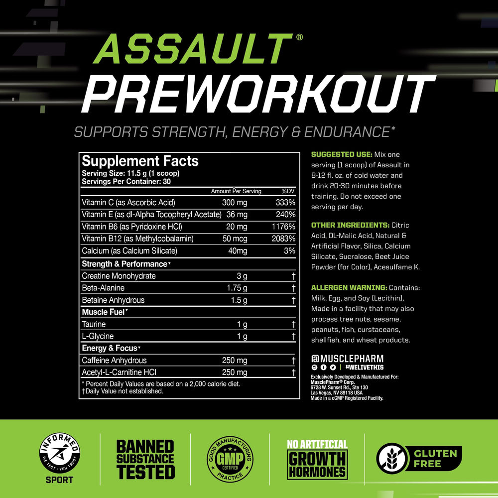 MusclePharm Assault label-front highlights clean sport formula
