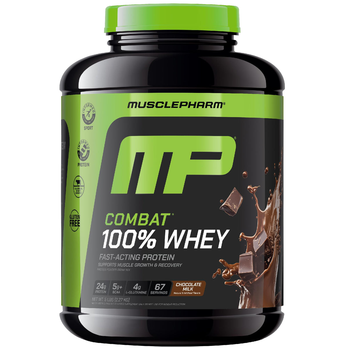 MusclePharm Combat 100% Whey chocolate milk canister shows premium protein formula for athletes.