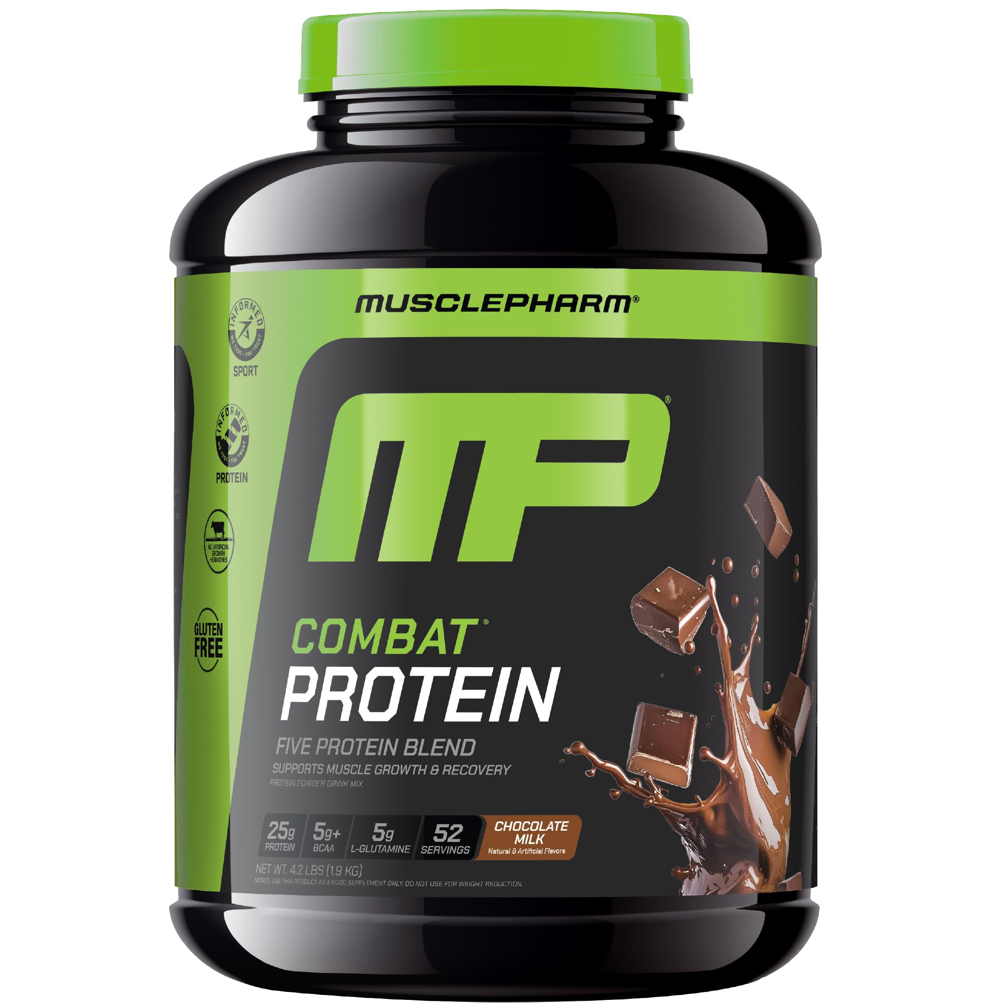 MusclePharm Combat Protein Powder tub with chocolate milk flavor for post-workout recovery.