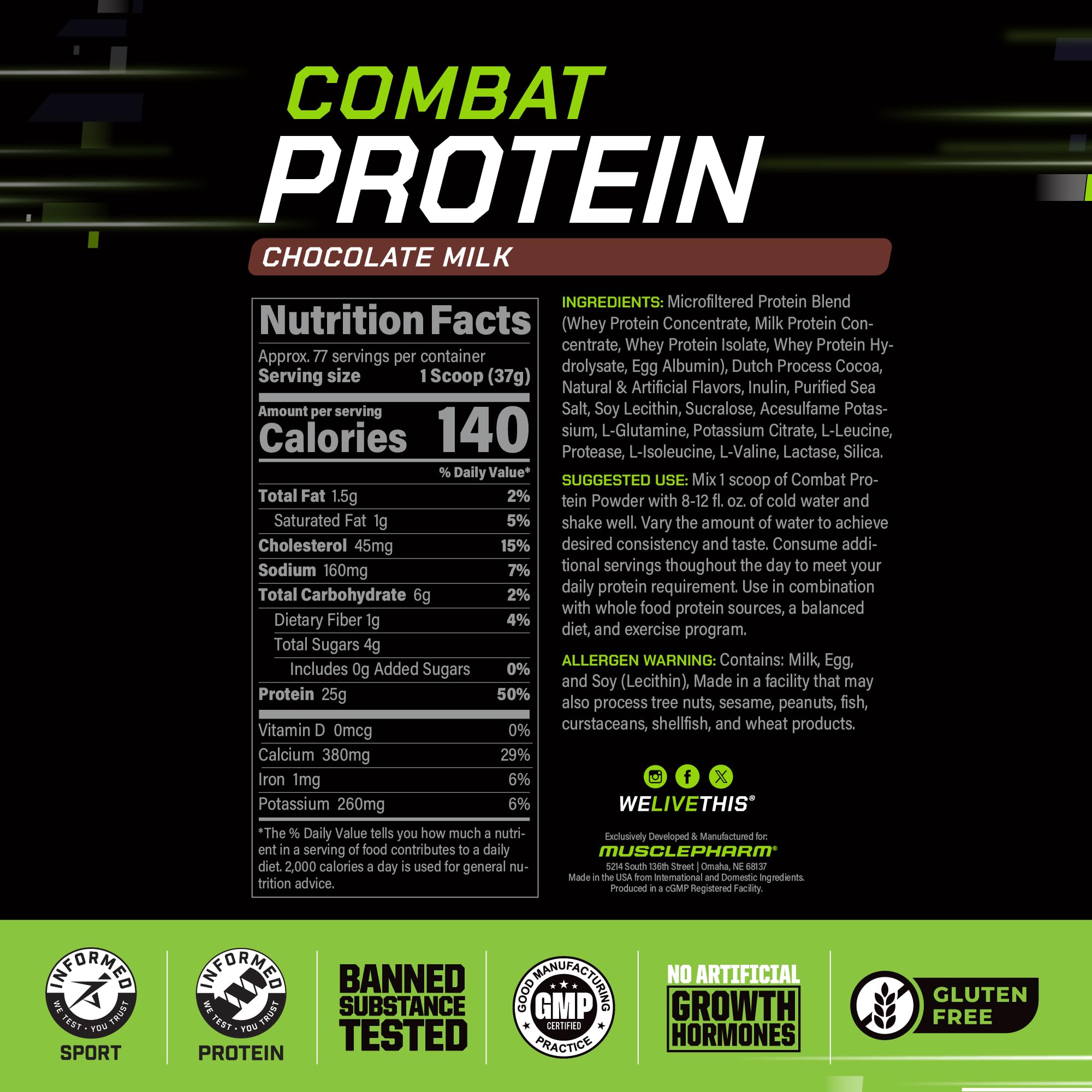 MusclePharm Combat Protein Powder chocolate milk glass showing shake mixability.