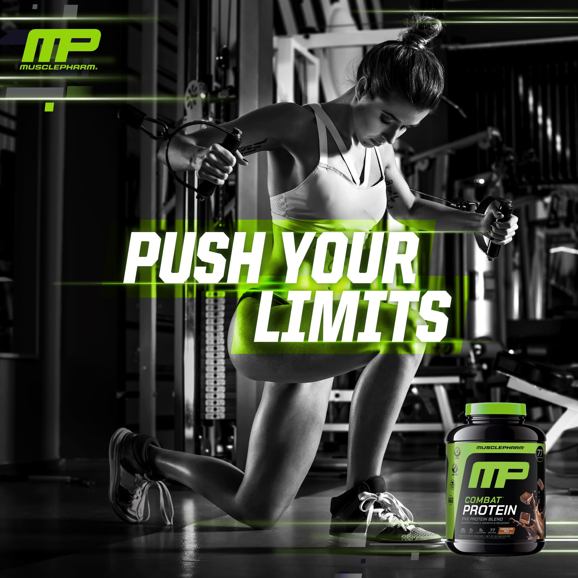 MusclePharm Combat Protein Powder ingredient panel highlights five protein sources.