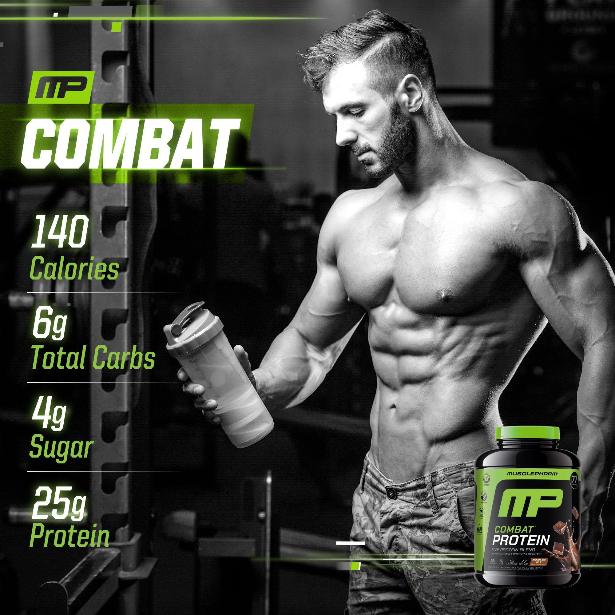 MusclePharm Combat Protein Powder label front emphasizes gluten-free formulation.