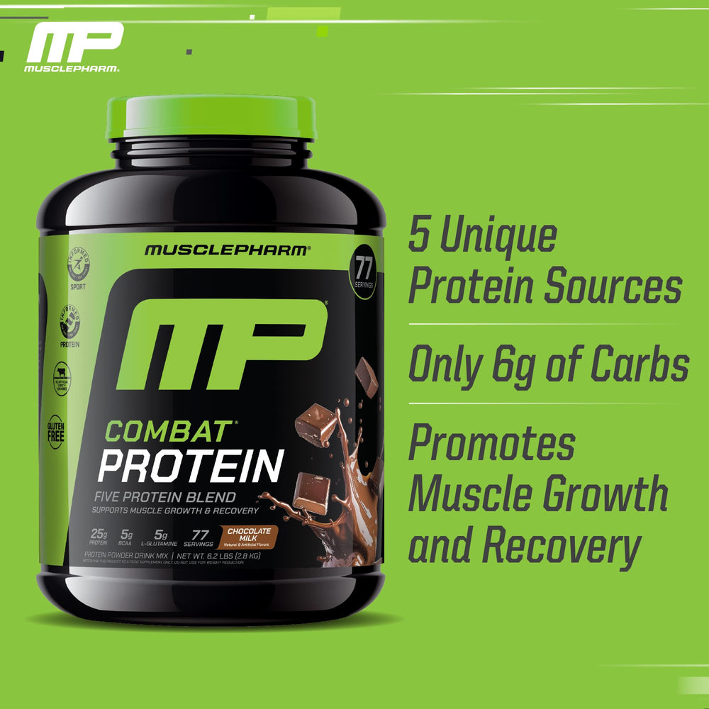 MusclePharm Combat Protein Powder shaker bottle ready for a quick shake.