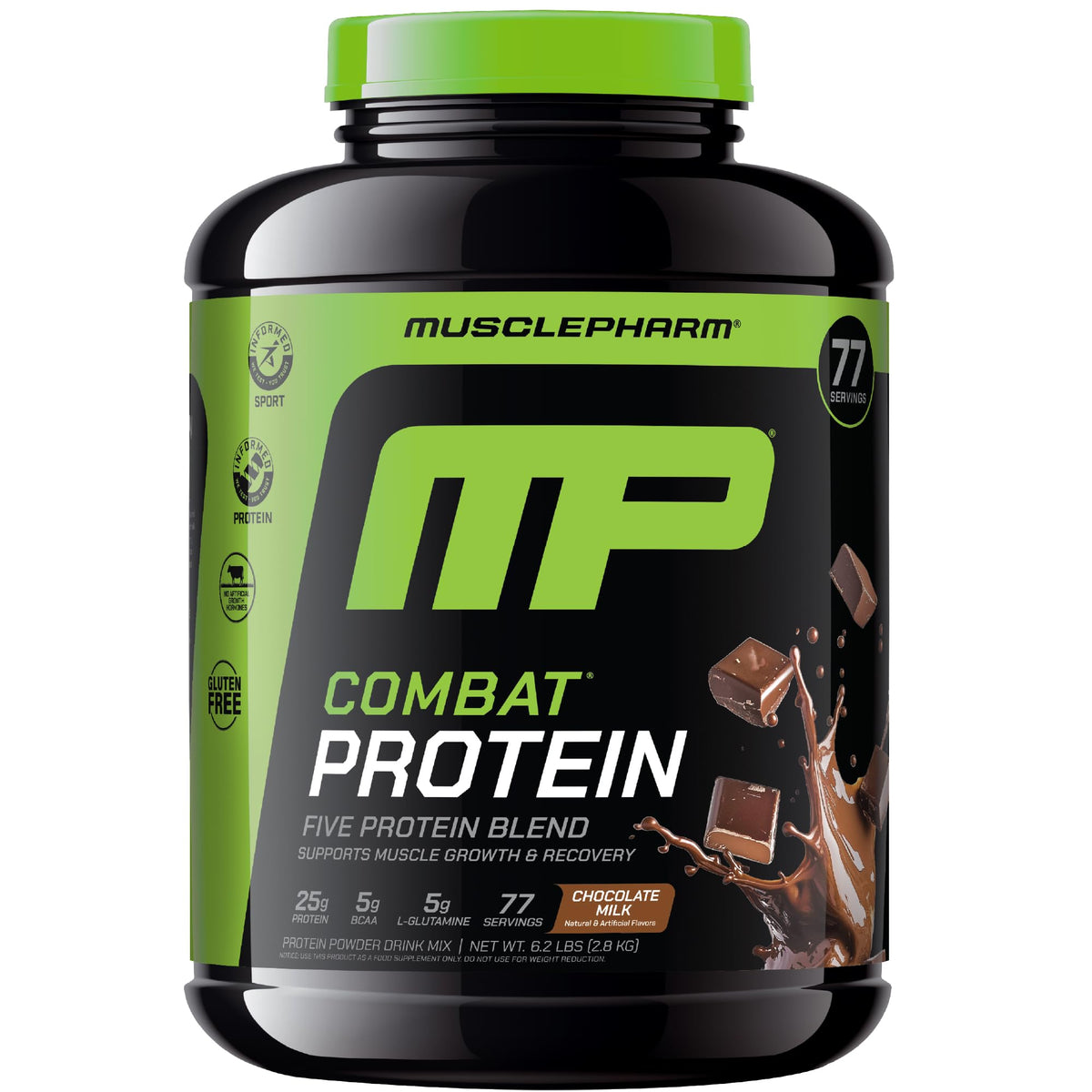 MusclePharm Combat Protein Powder chocolate milk tub for post-workout fueling with great taste.