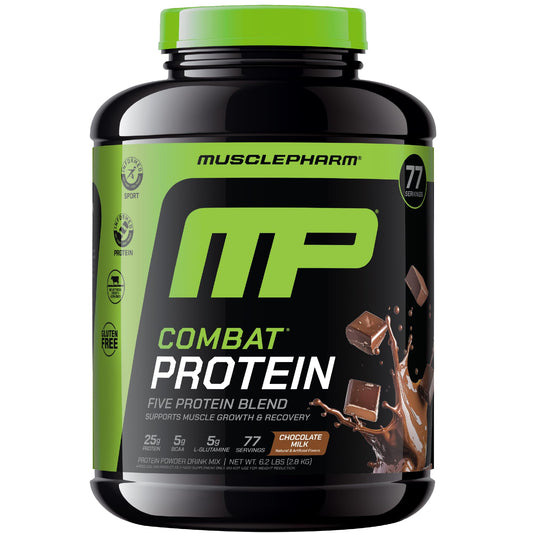 MusclePharm Combat Protein Powder chocolate milk tub for post-workout fueling with great taste.