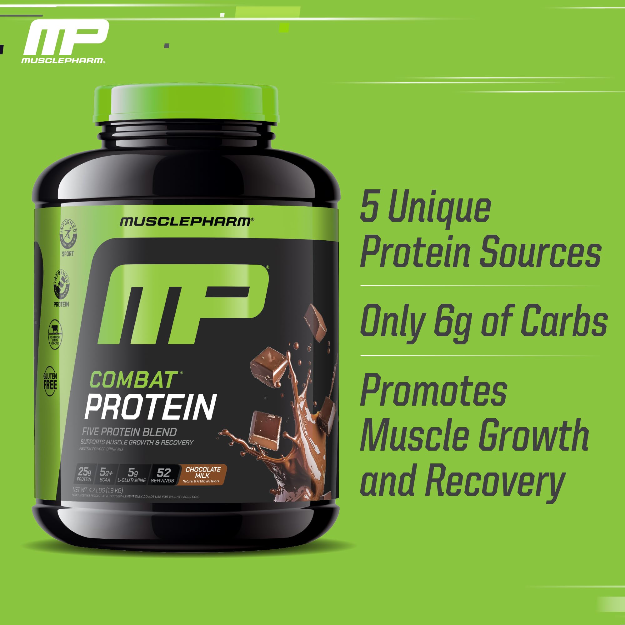 MusclePharm Combat Protein Powder gluten-free label for clean fueling.
