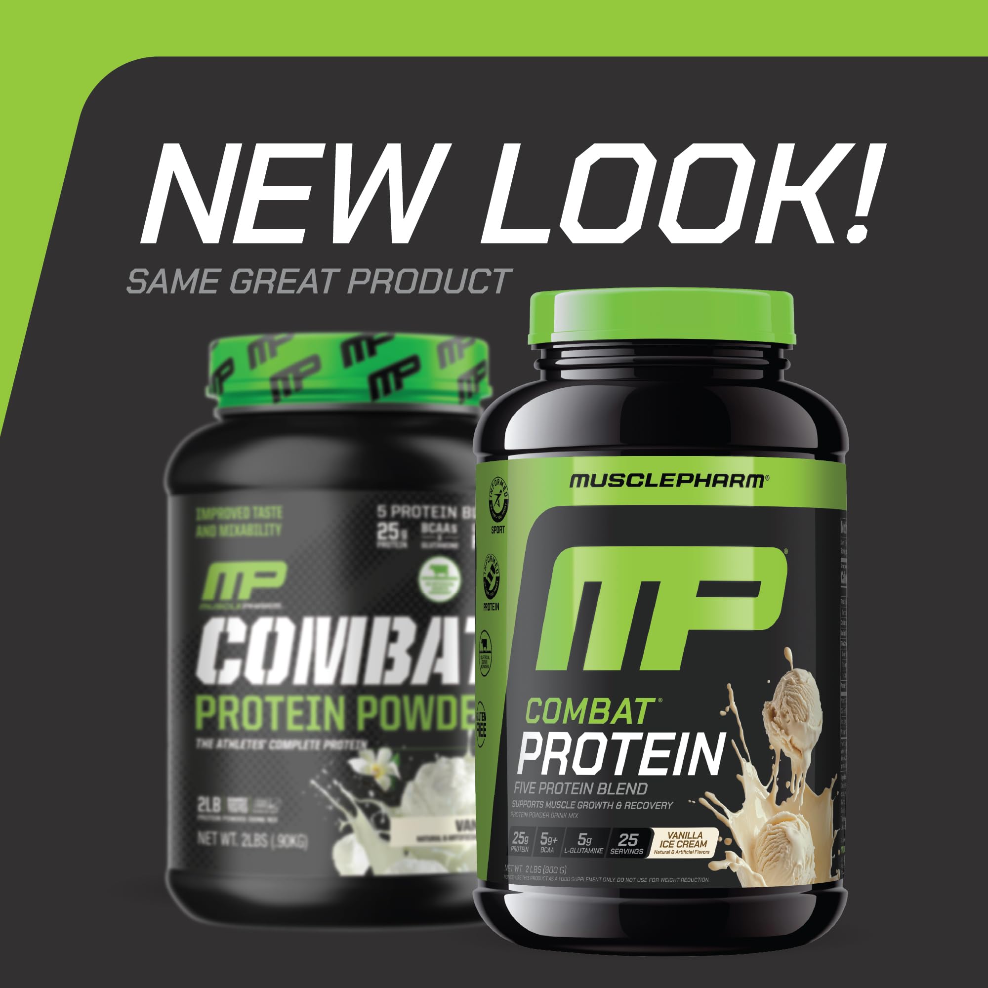 MusclePharm Combat Protein Powder vanilla label highlights 25 g protein per serving
