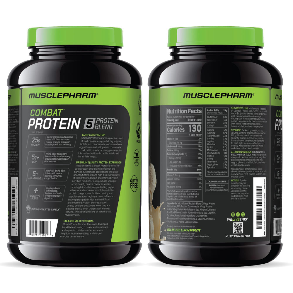 MusclePharm Combat Protein Powder vanilla tub close-up highlights premium packaging