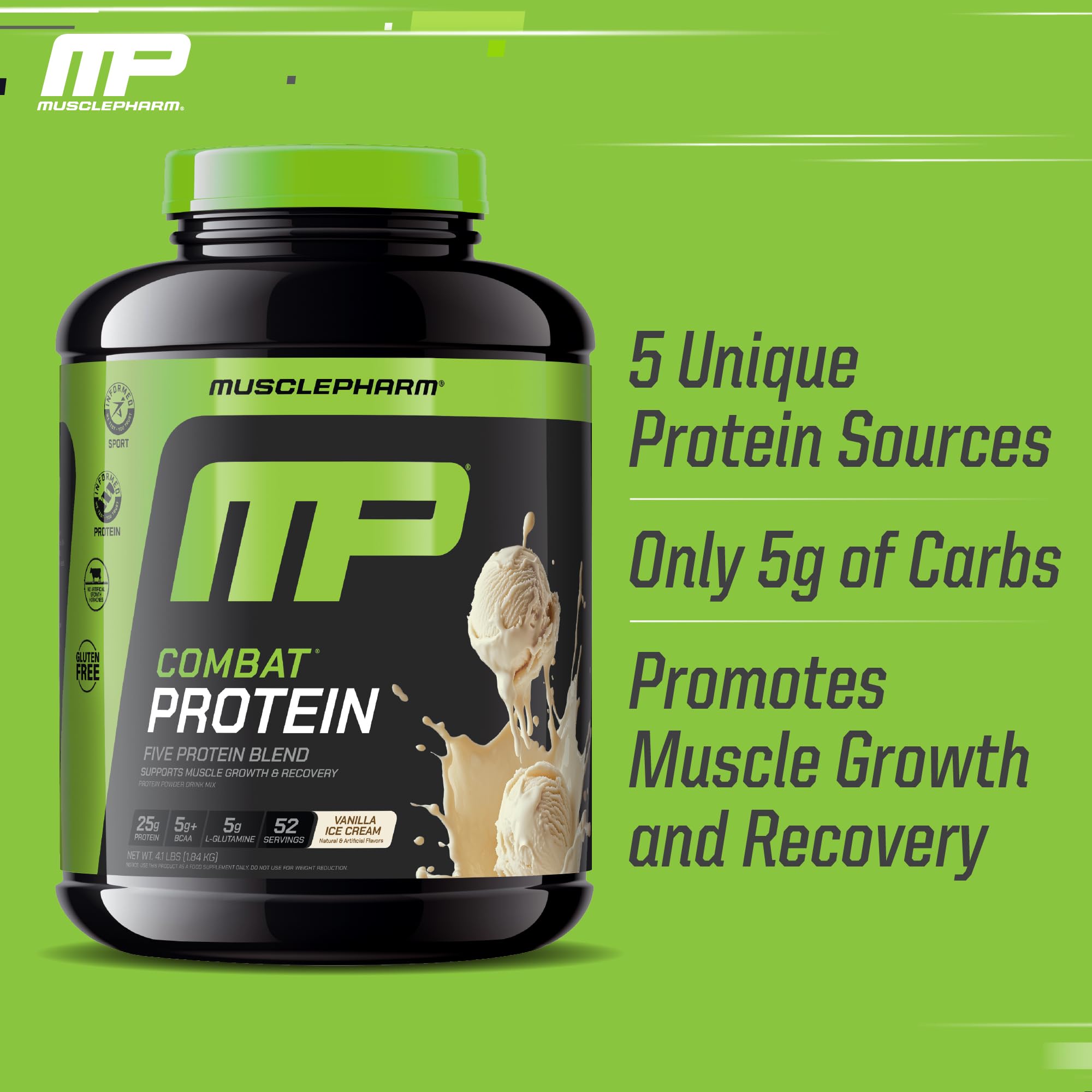 Pouring MusclePharm Combat Protein Vanilla illustrates fast mixing during training.