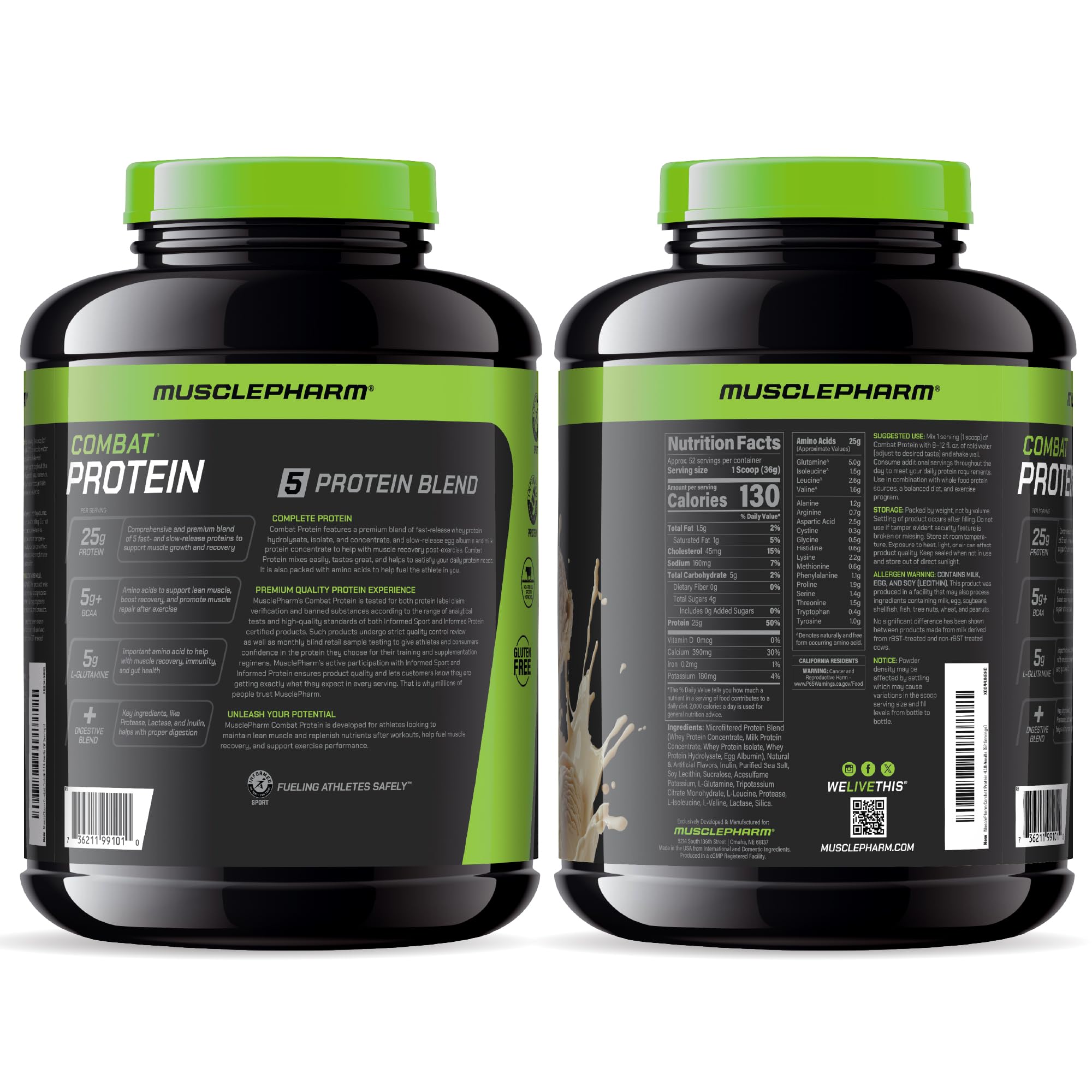 Packaging suggests pre- and post-workout use scenarios.