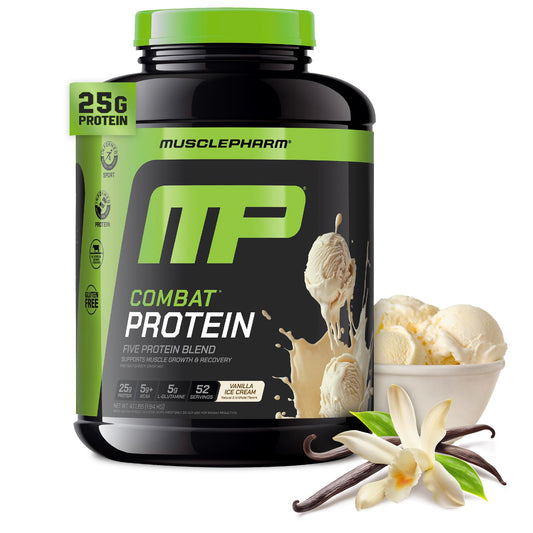MusclePharm Combat Protein Vanilla tub highlighting multi-source protein for post-workout recovery.